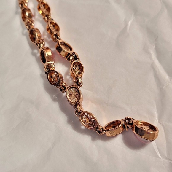 Vintage AVON Pink Glass Cabochon Y Drop Necklace Copper Filigree & Chain 22" - Picture 4 of 12